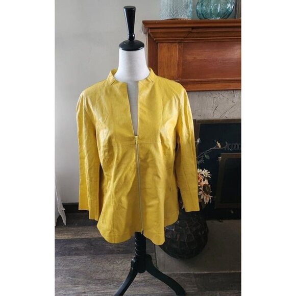 Lafayette 148 New York Couscous Yellow Leather Split Neck Jacket Size 16 NWT